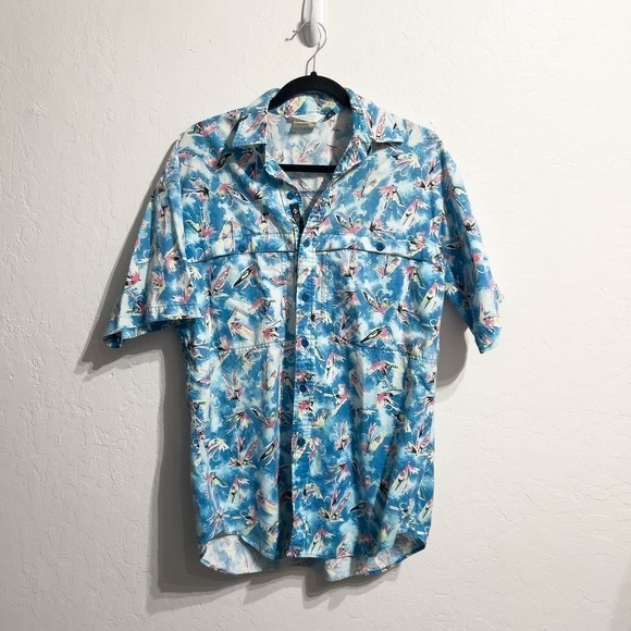 VINTAGE 90s Columbia Fly Fish Button Down Short Sleeve Shirt Mens Blue Colorful - Picture 1 of 6